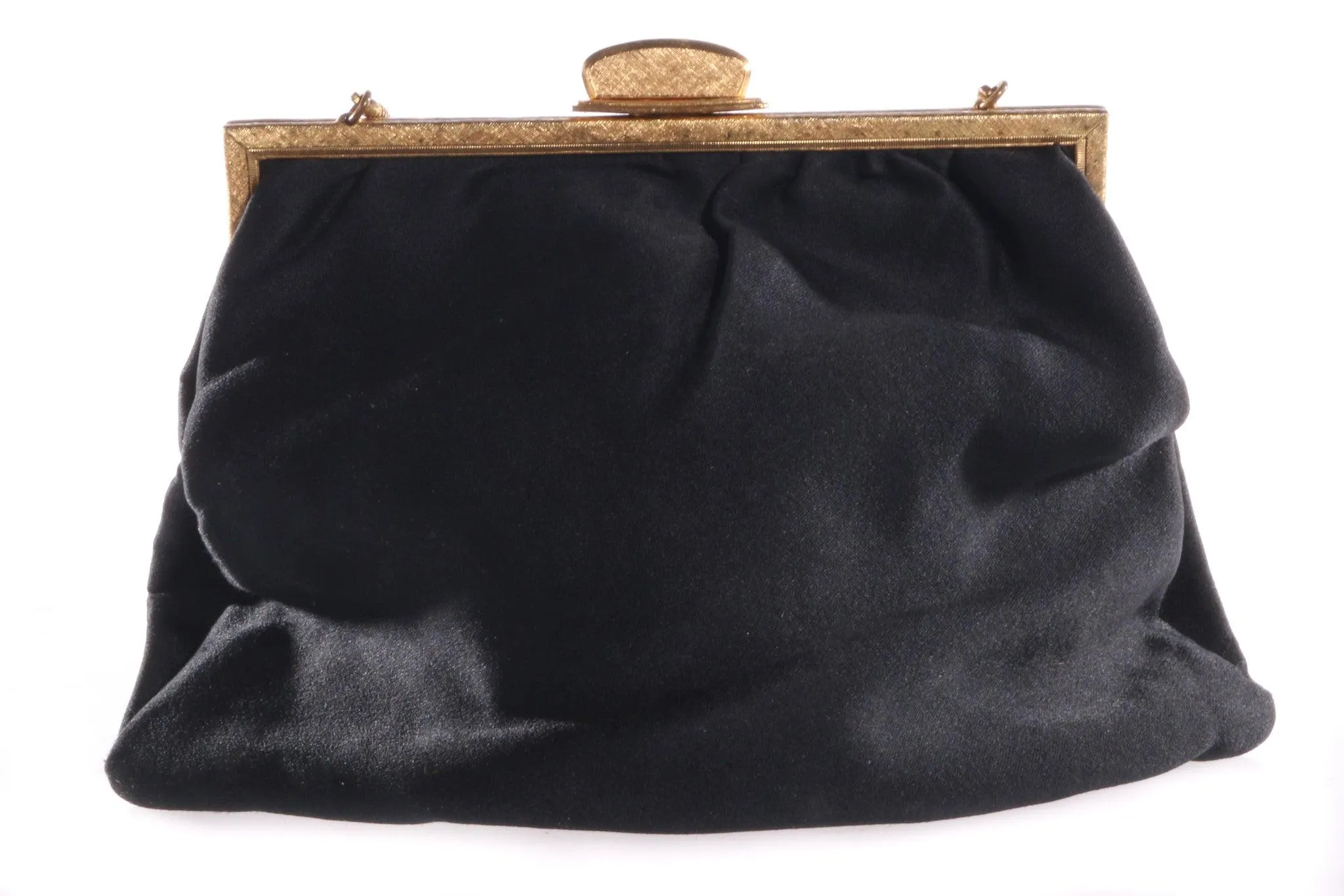 Black Satin Vintage Evening Bag with Matching Coin Purse Gold Tone Clasp