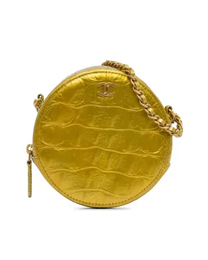 Croc-Embossed Round Crossbody Bag with Woven Chain Strap