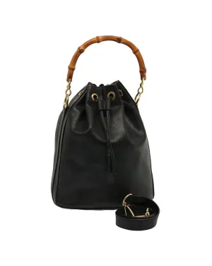 Leather Bamboo Hand Bag with Shoulder Strap - Black