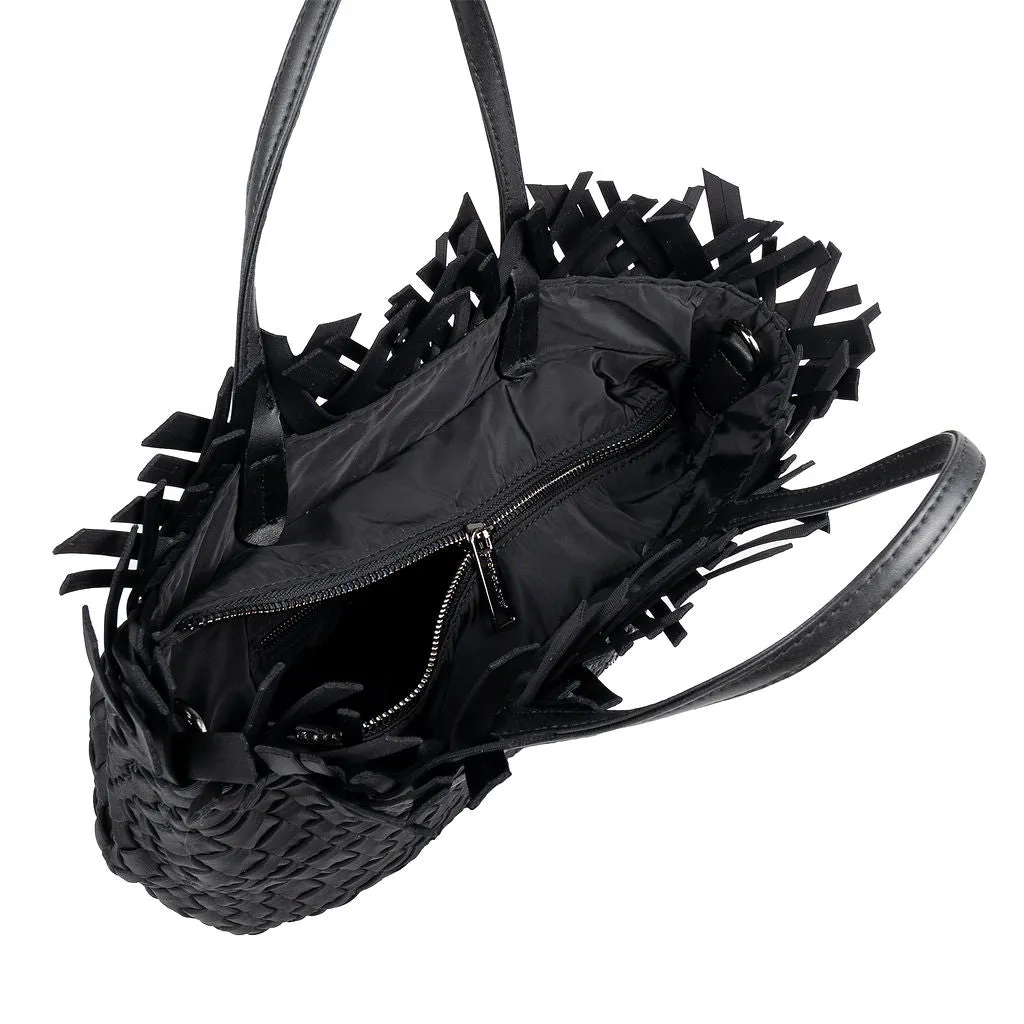 NEW: Taunton Small Woven Tote (Fringed Top) - Black