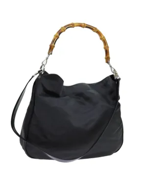 Nylon Gray 2way Hand Bag with Bamboo Handle