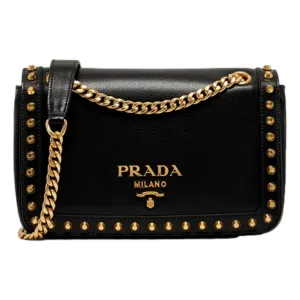 Prada Pattina Black Calf Leather Studded Flap Chain Crossbody Bag