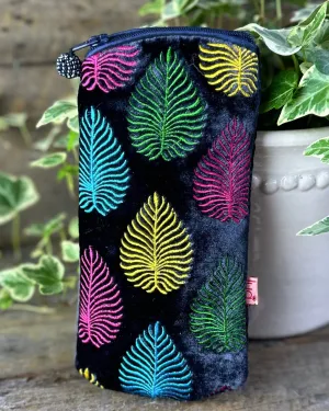 Velvet Glasses Pouch With Multi Coloured Palm Leaves - Navy