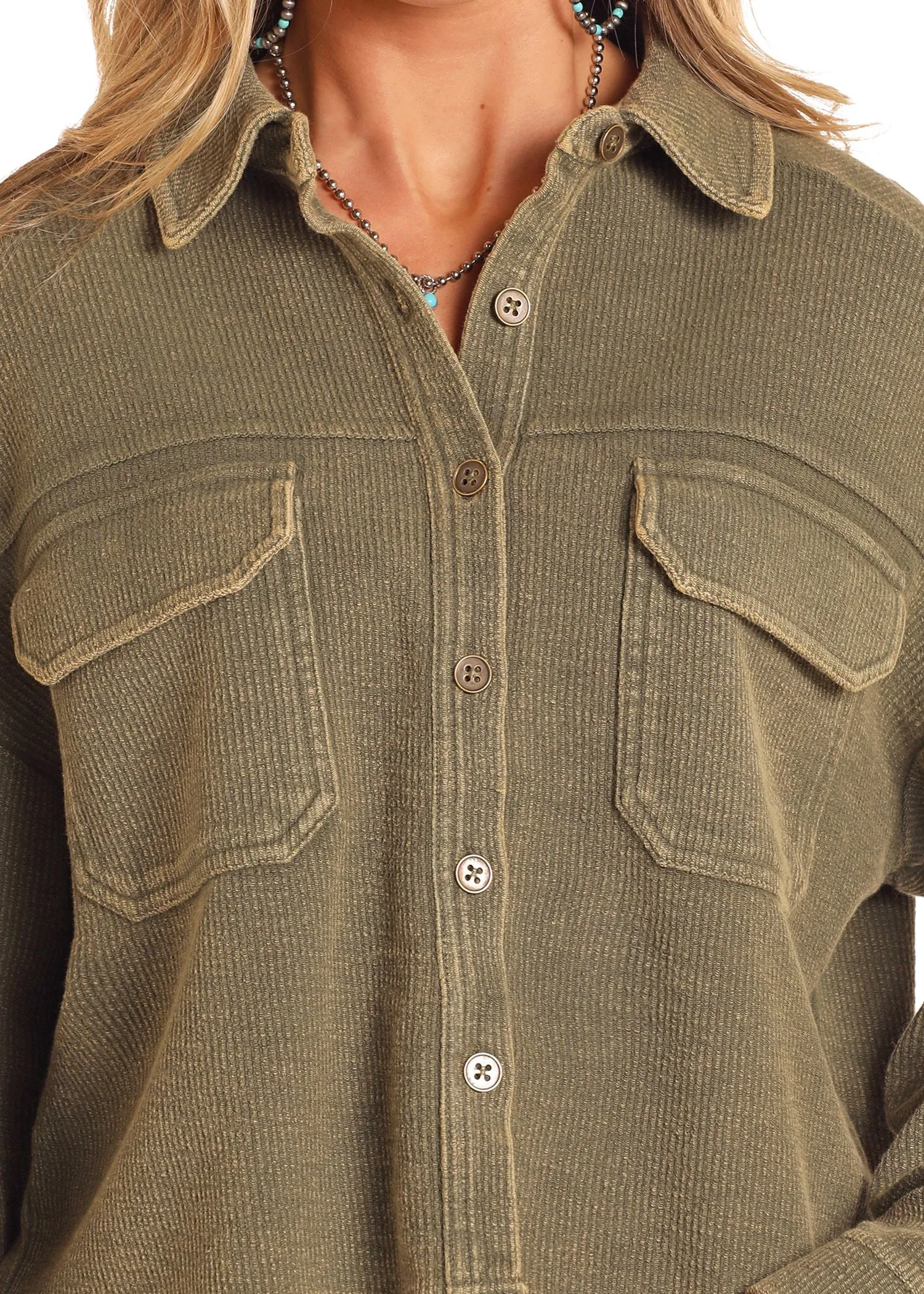 Women's Rock & Roll Olive Corduroy Button Down Shacket